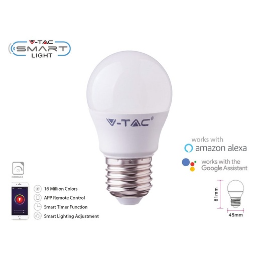 [SH02755] V-TAC Smart Lampada Led Bulb E27 G45 4,5W WiFi RGB CCT Dimmerabile APP Compatible Amazon Alexa Google Home SKU-2755