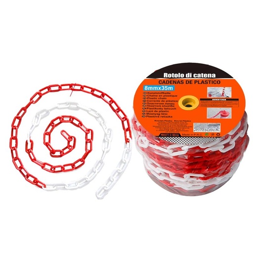 [AG060093] Rotolo di Catena a Maglia Barbazzale in Plastica Colore Rosso Bianco Alternato Spessore 8mm x 35 metri