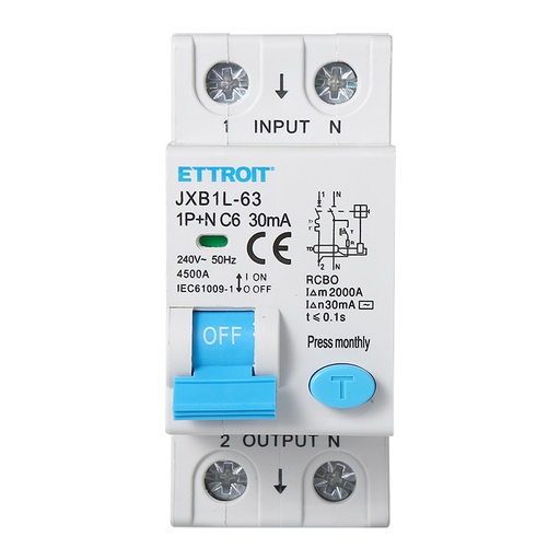 [JXB1L-63-1P+N-6A] ETTROIT Interruttore Magnetotermico Differenziale 1P+N 6A 4.5kA 30mA 220V Occupa 2 Moduli DIN