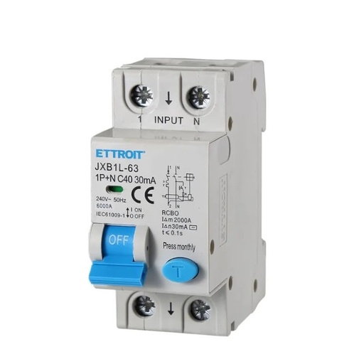 [JX274061] ETTROIT Interruttore Magnetotermico Differenziale 1P+N 40A 6KA 30mA 220V Occupa 2 Moduli DIN