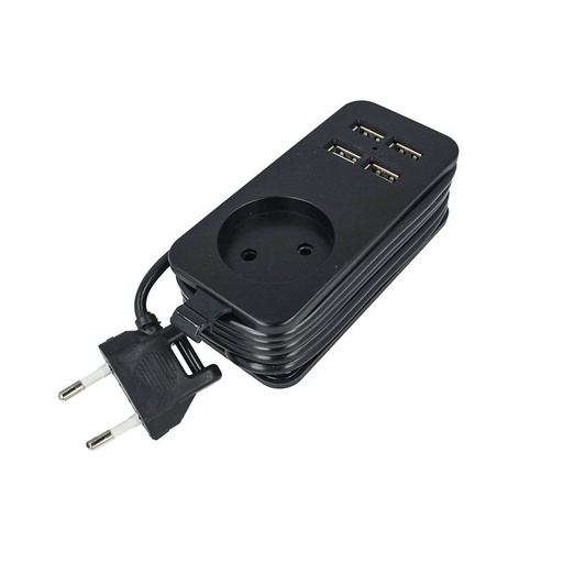 [ESE009] Multipresa Ciabatta Elettrica Caricabatterie 4 Porte USB 5V 2,4A Fast Charge 1 Posto 2P 10A Cavo 1,5 Metri Nero