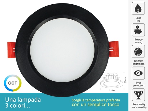 [FP210CCTB] Lampada Faretto Led Da Incasso 10W CCT Dimmerabile Carcassa Nera 2700K 4000K 6000K 3 In 1 Diametro 110mm