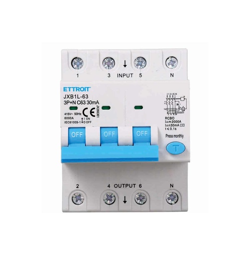 [JX266361] ETTROIT Interruttore Magnetotermico Differenziale 3P+N 63A 6KA 30mA 380V Occupa 4 Moduli DIN