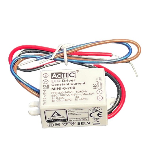 [AT-MINI-6-700] Mini Led Driver IP65 Corrente Costante 700mA 4V-9VDC 6W 48X38X21mm