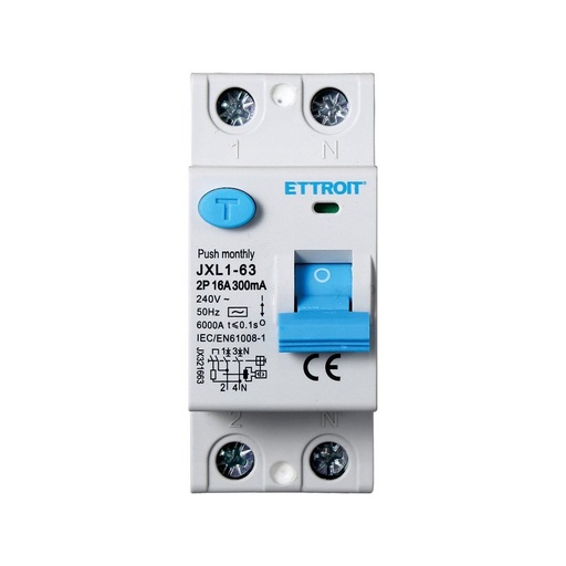 [JX321663] ETTROIT Interruttore Differenziale Puro 2P 16A 6kA 300mA 220V Salvavita Differenziale Occupa 2 Moduli DIN