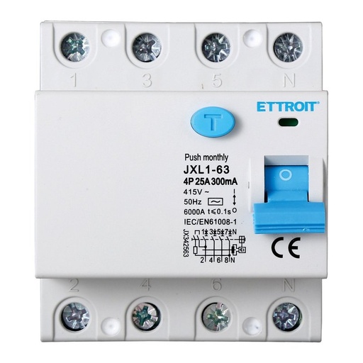 [JX342563] ETTROIT Interruttore Differenziale Puro 4P 25A 6kA 300mA 380V Salvavita Differenziale Occupa 4 Moduli DIN