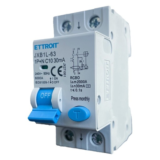 [JX271061] ETTROIT Interruttore Magnetotermico Differenziale 1P+N 10A 6KA 30mA 220V Occupa 2 Moduli DIN