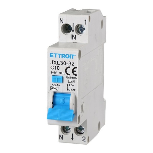 [JX251040] ETTROIT Interruttore Magnetotermico Differenziale 1P+N 10A C10 4.5kA 30mA 220V Occupa 1 Modulo DIN