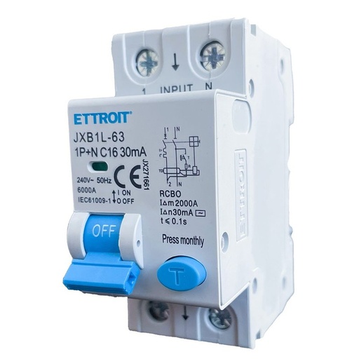 [JX271661] ETTROIT Interruttore Magnetotermico Differenziale 1P+N 16A 6KA 30mA 220V Occupa 2 Moduli DIN