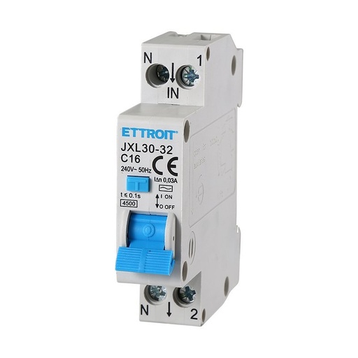 [JX251640] ETTROIT Interruttore Magnetotermico Differenziale 1P+N 16A C16 4.5kA 30mA 220V Occupa 1 Modulo DIN