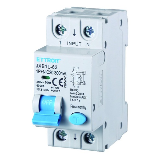 [JX272063] ETTROIT Interruttore Magnetotermico Differenziale 1P+N 20A 6KA 300mA 220V Occupa 2 Moduli DIN