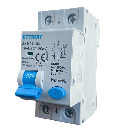 [JX272061] ETTROIT Interruttore Magnetotermico Differenziale 1P+N 20A 6KA 30mA 220V Occupa 2 Moduli DIN