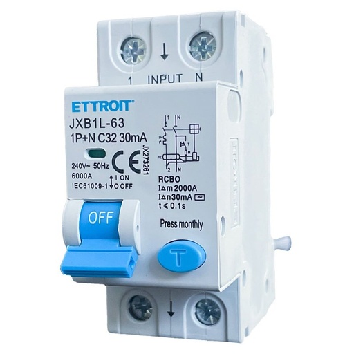 [JX273261] ETTROIT Interruttore Magnetotermico Differenziale 1P+N 32A 6KA 30mA 220V Occupa 2 Moduli DIN