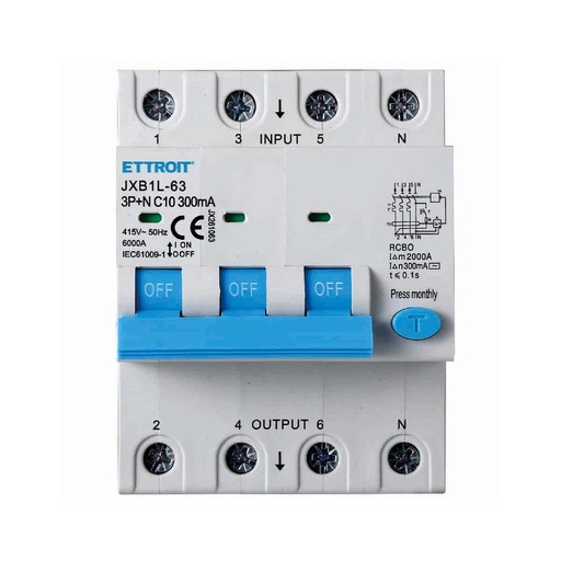 [JX261063] ETTROIT Interruttore Magnetotermico Differenziale 3P+N 10A 6KA 300mA 380V Occupa 4 Moduli DIN