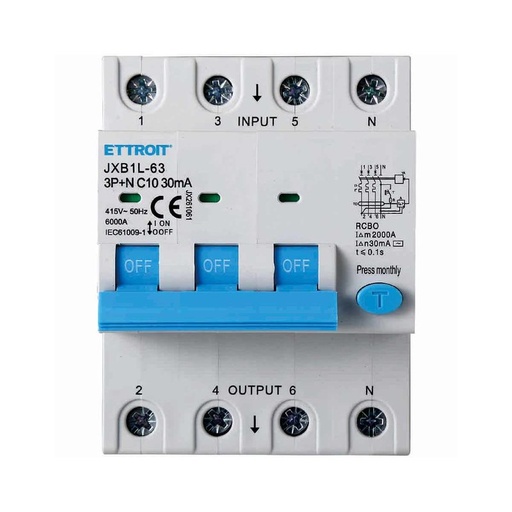 [JX261061] ETTROIT Interruttore Magnetotermico Differenziale 3P+N 10A 6KA 30mA 380V Occupa 4 Moduli DIN