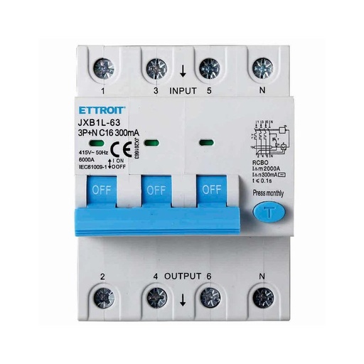 [JX261663] ETTROIT Interruttore Magnetotermico Differenziale 3P+N 16A 6KA 300mA 380V Occupa 4 Moduli DIN