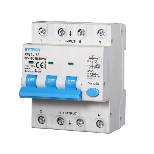 [JX261661] ETTROIT Interruttore Magnetotermico Differenziale 3P+N 16A 6KA 30mA 380V Occupa 4 Moduli DIN