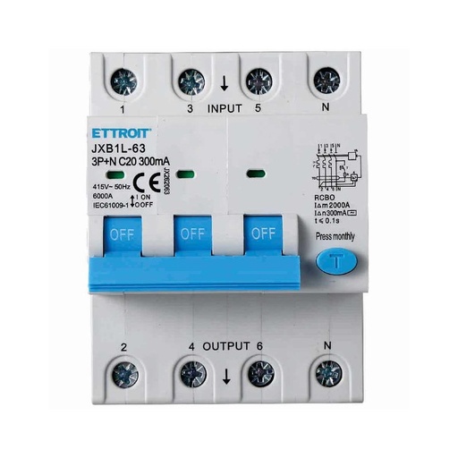 [JX262063] ETTROIT Interruttore Magnetotermico Differenziale 3P+N 20A 6KA 300mA 380V Occupa 4 Moduli DIN