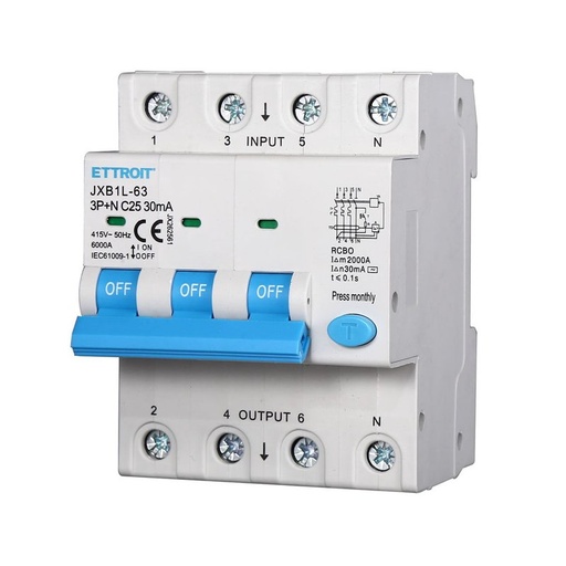 [JX262561] ETTROIT Interruttore Magnetotermico Differenziale 3P+N 25A 6KA 30mA 380V Occupa 4 Moduli DIN