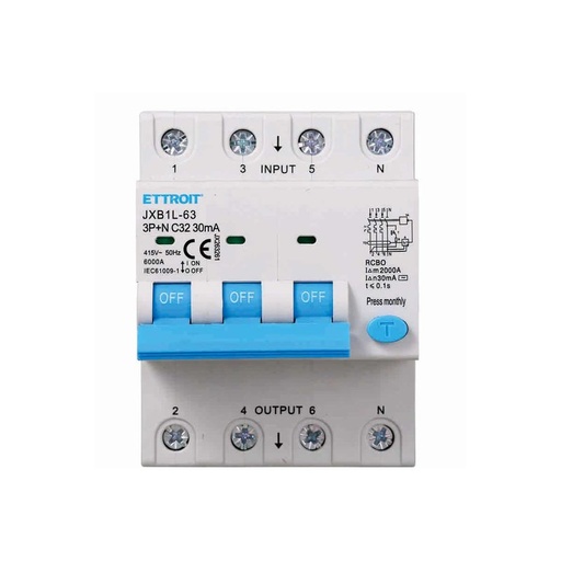 [JX263261] ETTROIT Interruttore Magnetotermico Differenziale 3P+N 32A 6KA 30mA 380V Occupa 4 Moduli DIN