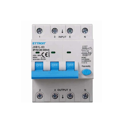 [JX264063] ETTROIT Interruttore Magnetotermico Differenziale 3P+N 40A 6KA 300mA 380V Occupa 4 Moduli DIN