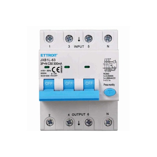 [JX265063] ETTROIT Interruttore Magnetotermico Differenziale 3P+N 50A 6KA 300mA 380V Occupa 4 Moduli DIN