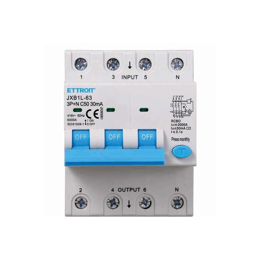 [JX265061] ETTROIT Interruttore Magnetotermico Differenziale 3P+N 50A 6KA 30mA 380V Occupa 4 Moduli DIN