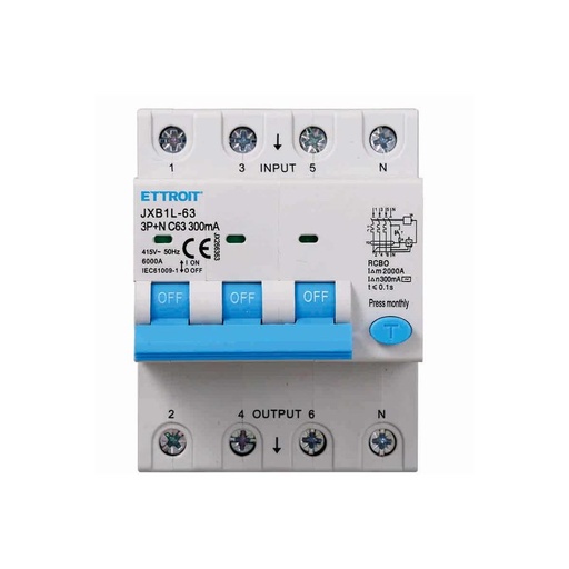 [JX266363] ETTROIT Interruttore Magnetotermico Differenziale 3P+N 63A 6KA 300mA 380V Occupa 4 Moduli DIN