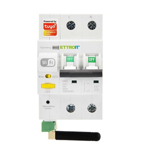 [ESR3S263] Interruttore Magnetotermico Smart WIFI 2P 63A App TUYA Occupa 3 Moduli DIN Con Funzione Controllo Consumo Energia