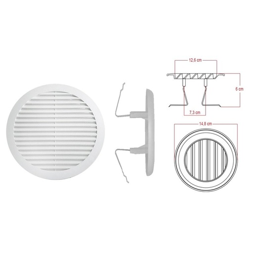 [FG319206] Griglia di Ventilazione Rotonda Con Molla D148mm Foro Regolabile 80-125mm Made In Italy