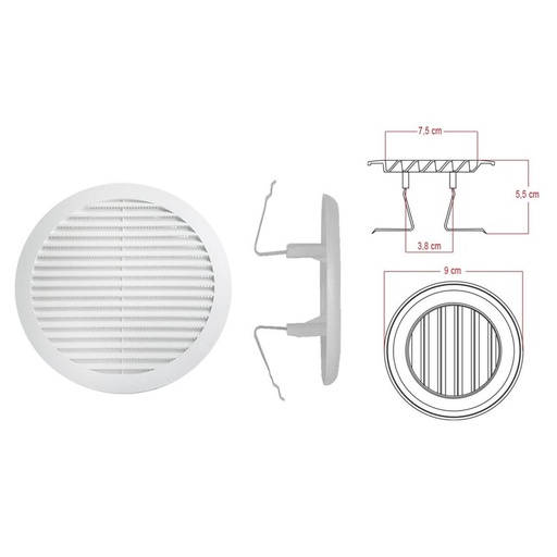 [FG319205] Griglia di Ventilazione Rotonda Con Molla D90mm Foro Regolabile 55-85mm Made In Italy